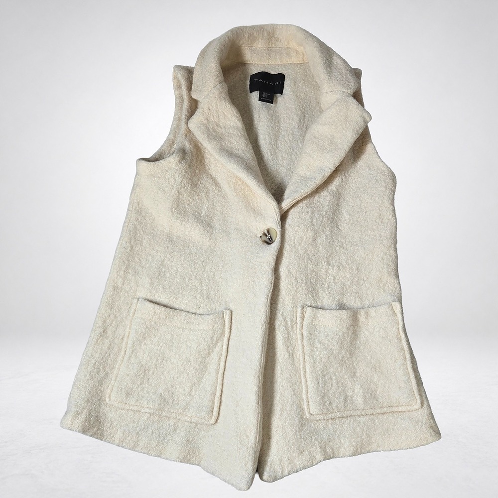 Tahari Boucle Vest Womens XS Cream Excellent Notched Lapel Single Button Pocket